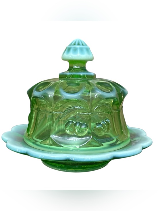 Mosser Glass Other - Mosser Glass Cherry Print Vintage Green Glass Covered Butter Dish